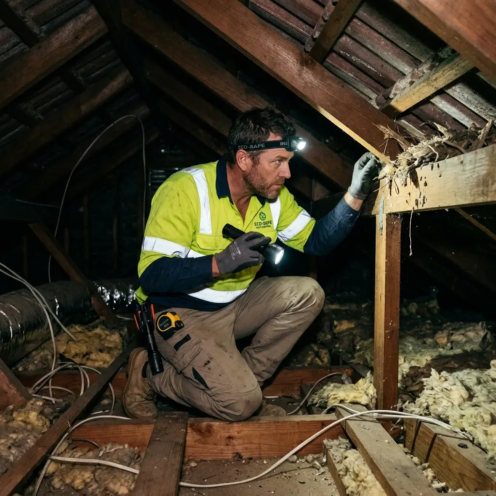 Technician inspecting a roof cavity for a dead animal in Kew