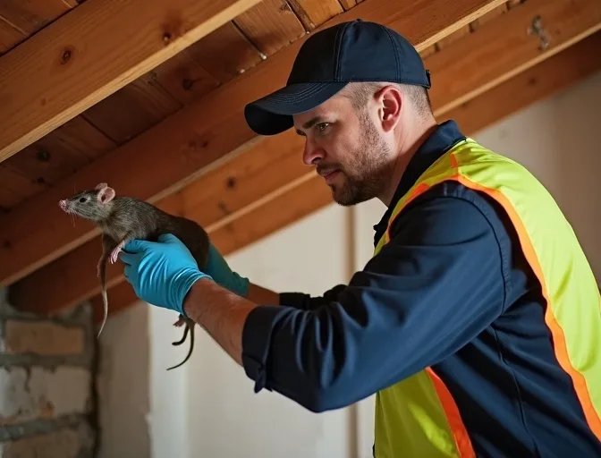 Technician inspecting a roof cavity for a dead rat in Kew